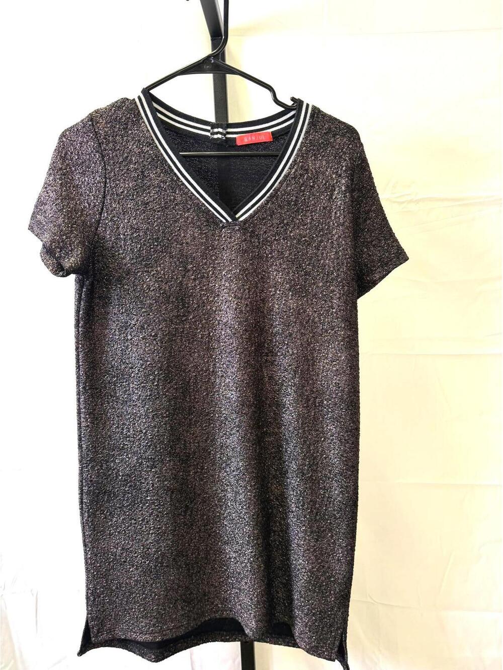 Banjul Medium Short Sleeve V-Neck T-shirt Dress Metallic Black and Silver